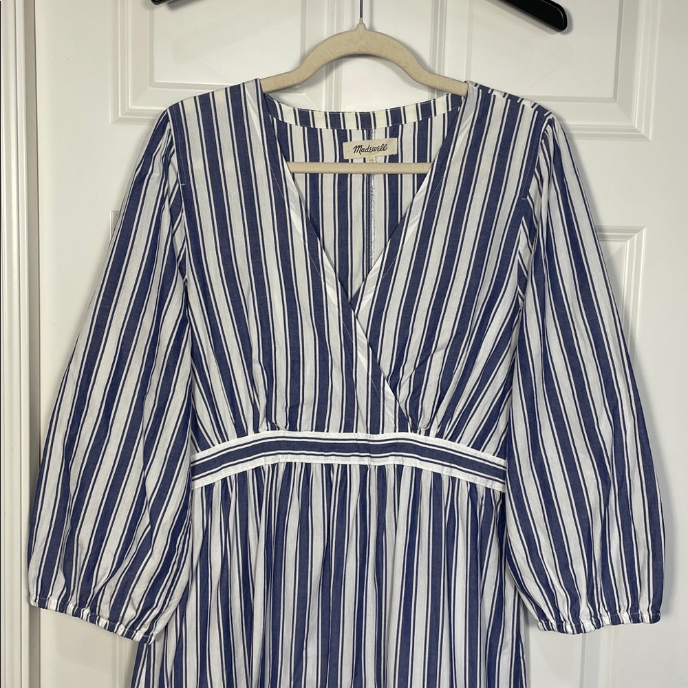 Madewell Midi Maxi Dress Size 14 Ava Blue White Striped Ruffle Tiered V Neck - Picture 3 of 16